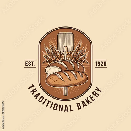Vintage bakery emblem showcasing fresh bread and wheat for traditional baking