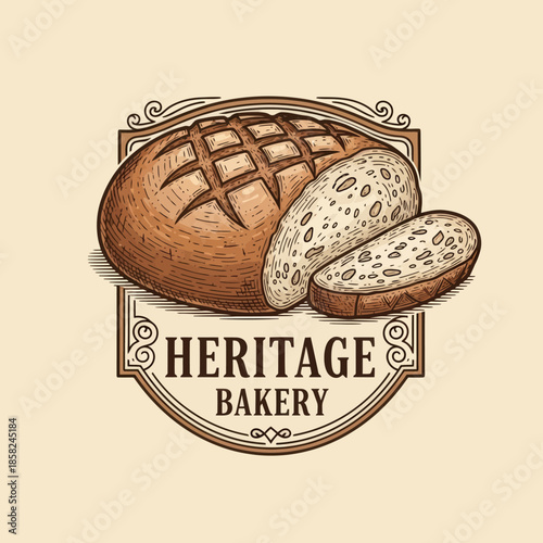 Artisan Bakery Logo Featuring Traditional Loaf of Heritage Bread Illustration