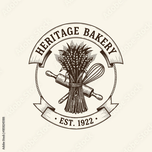 Vintage Bakery Emblem Featuring Wheat Bunch and Rolling Pin Heritage Design