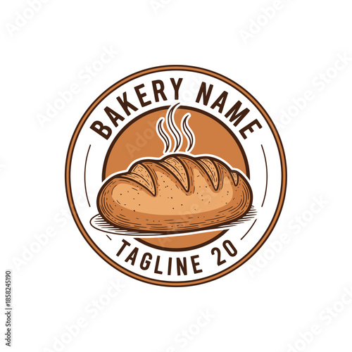 Warm freshly baked bread loaf with steam rising on a bakery logo design for