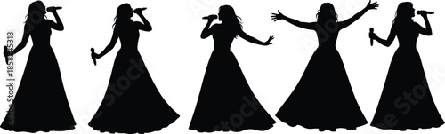 Female singer silhouette set illustration elegant dress microphone performance live concert music stage black vector isolated white background design collection