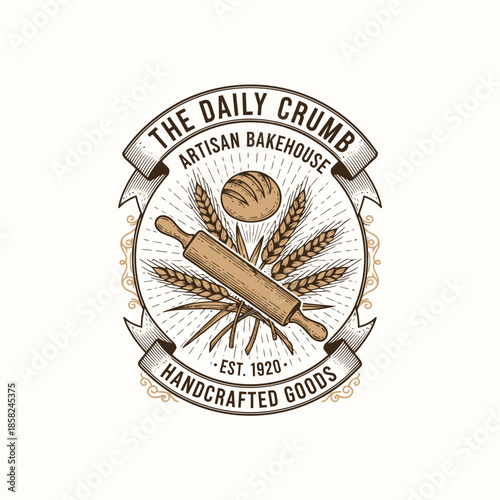 Vintage Artisan Bakery Logo with Wheat and Rolling Pin Emblem for handcrafted