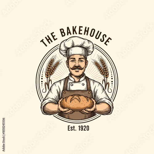 Vintage bakery logo featuring cheerful chef with bread and wheat motifs design
