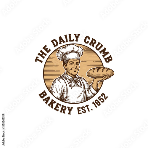Vintage bakery logo featuring a cheerful chef holding a freshly baked loaf of