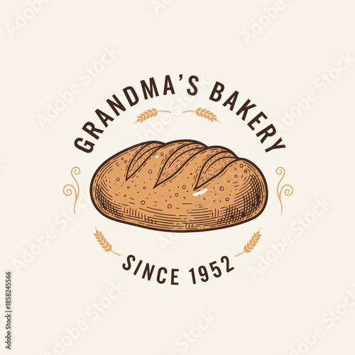 Vintage bakery logo featuring a freshly baked loaf with classic design elements