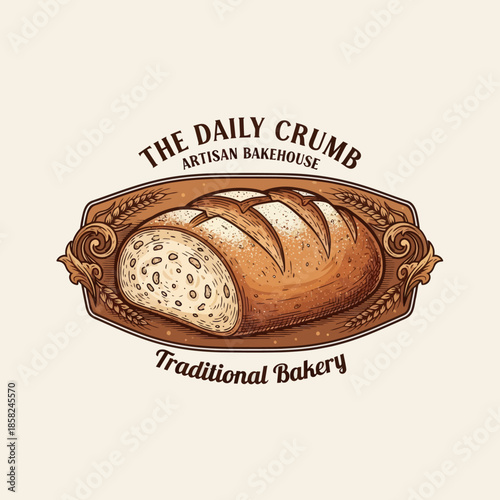 Artisanal bread loaf with sliced portion on rustic bakery label design
