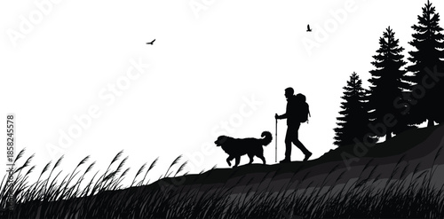 Black silhouette of a hiker with a backpack and dog walking on a mountain trail with pine trees and birds flying