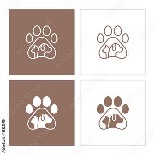 Pet line logo design for a pet store, hotel, and veterinarian. Set of line icons. Veterinary, dog and cat care. Pet linear logo. Animal healthcare pictograms.
