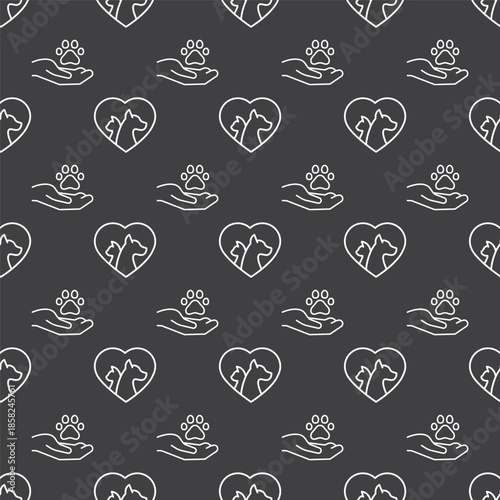 Pets care seamless pattern. Paw footprint on hand. Dog and cat in heart. Adoption background, texture. Veterinary care and facilities. Homeless pet rescue.