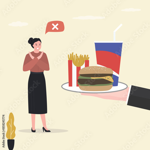 Refusal from fast food. Beauty woman who wants to go on diet and reduce amount of calories consumed. Girl gesture stop sign for tray with fast food in hands of interlocutor,
