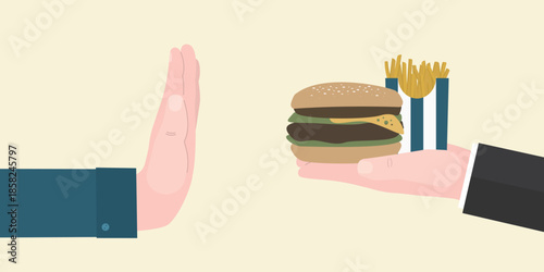 Refusal from fast food. Hand of consumer stops the hand of businessman giving fast food. To go on diet and reduce amount of calories consumed. Refusal of junk food.