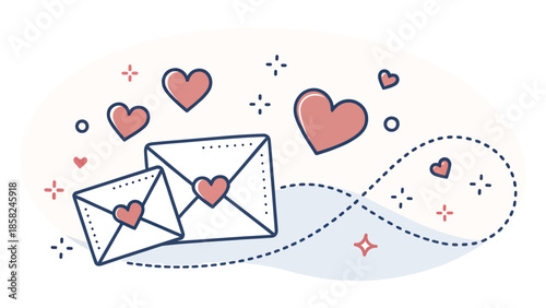 Love letters and hearts floating in the air with dotted line