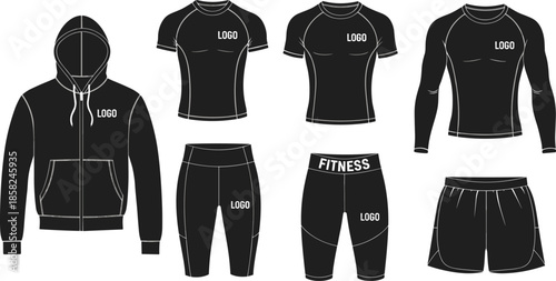 Men fitness apparel set with hoodie t shirts leggings and shorts, athletic training outfit collection, modern gym sportswear, black vector illustration