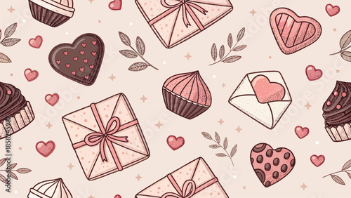 Whimsical Valentine's Day pattern with gifts, hearts, and cupcakes