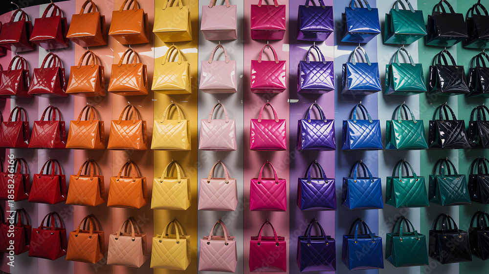 Fototapeta premium Colorful collection of women handbags arranged in gradient pattern 