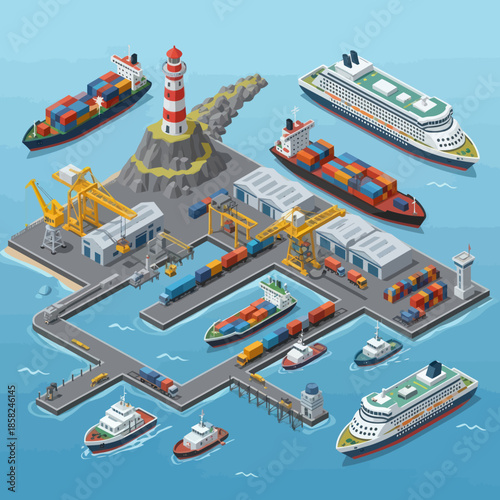 Isometric Port with Ships and Cranes.