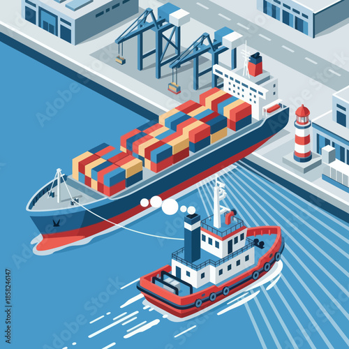 Cargo Ship with Tugboat at Dock.