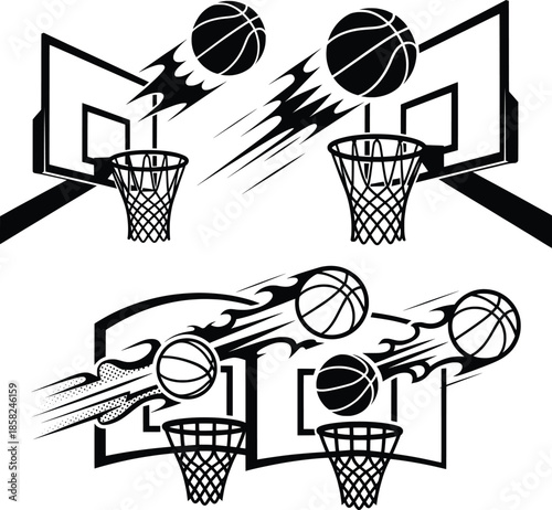Dynamic Basketball Hoop and Flying Ball Sports Vector Illustration.