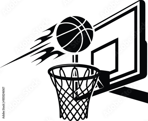 Dynamic Basketball Hoop and Flying Ball Sports Vector Illustration.