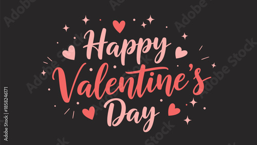 Happy Valentine's Day with cute hearts and sparkles on black background