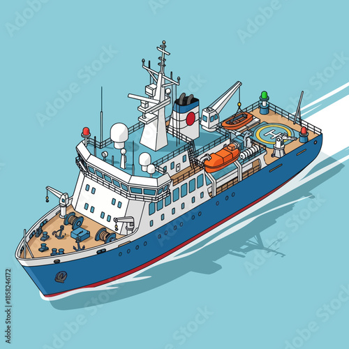 Large Blue Research Vessel at Sea.
