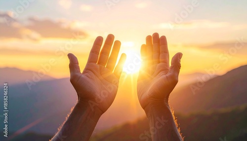 Hands raised to the sky. Religious freedom day. World religion day. Praying hands. Sunset background. Mountain landscape. Spirituality. Hope. Freedom. Vector illustration.