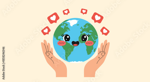 A cute kawaii cartoon of planet Earth with a happy face being held in hands surrounded by hearts symbolizing love for our planet.