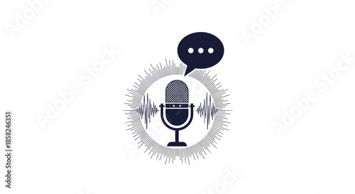 A stylish icon of a vintage microphone surrounded by sound waves and a speech bubble representing a podcast or voice recording.