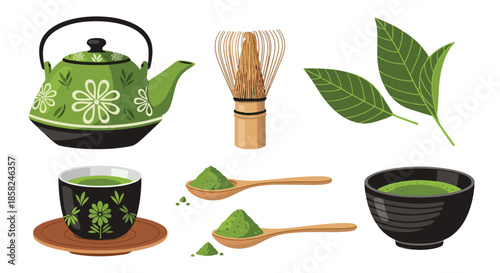 A complete collection of traditional Japanese matcha green tea ceremony elements including a teapot whisk powder and prepared tea.