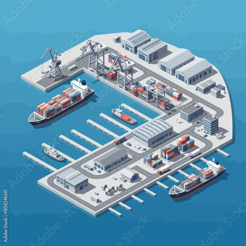 Isometric View of Busy Commercial Seaport.