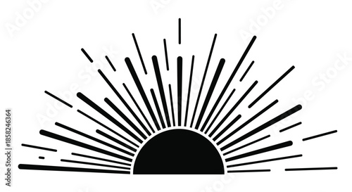 A bold and graphic black silhouette of a rising or setting sun with dynamic sunbeams representing hope and a new beginning.