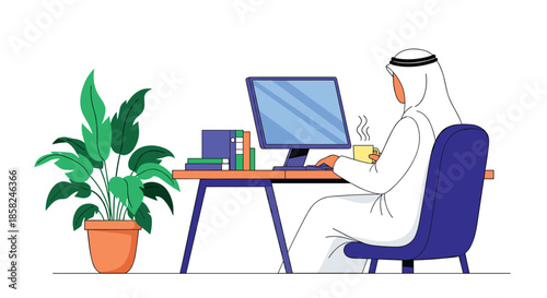 A vector illustration of a modern Arab businessman in traditional thobe and ghutra working on a computer at his office desk.