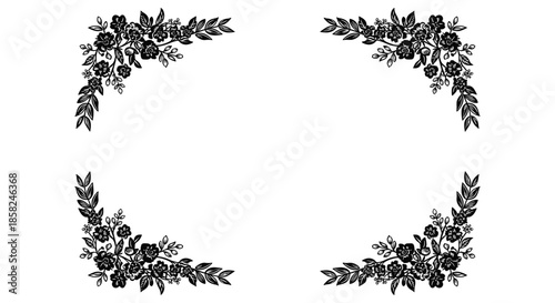 A vintage-style decorative frame made from four identical intricate black floral corner elements on a clean white background.