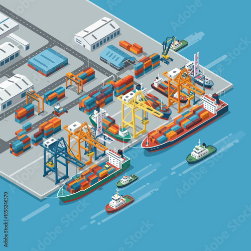 Isometric Illustration of Shipping Port with Cranes.