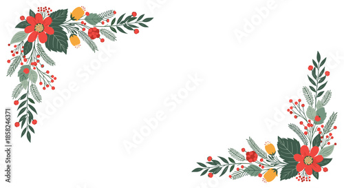 A set of two elegant Christmas corner decorations featuring poinsettia flowers red berries and winter foliage for festive frames.