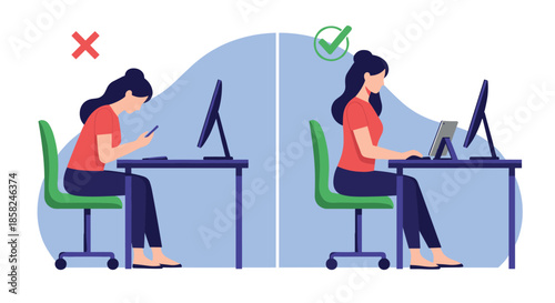 An infographic showing the correct and incorrect sitting posture for a woman at a desk to avoid neck pain and text neck issues.