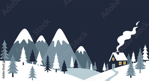 A peaceful winter night landscape featuring a cozy cabin with a smoking chimney nestled among snowy mountains and pine trees.