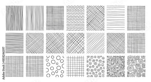 A large and diverse collection of hand-drawn abstract textures and seamless patterns including lines scribbles and geometric shapes.