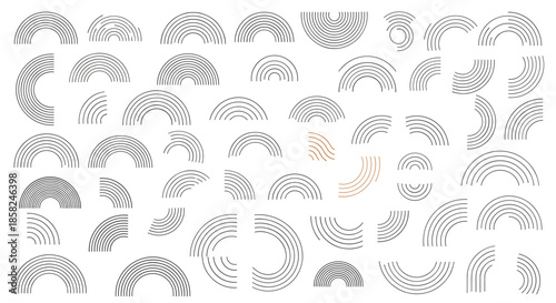 A large collection of abstract geometric arch and semicircle shapes in a minimalist line art style for modern graphic design.