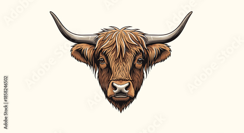 A detailed and realistic colored vector illustration of a majestic Scottish Highland cow head with long hair and prominent horns.