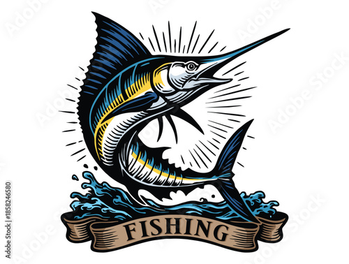vintage illustration of a jumping marlin fishing logo.