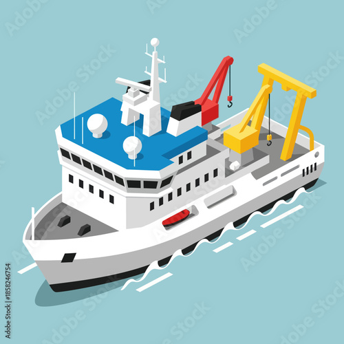 Isometric Illustration of a Tugboat with Cranes.