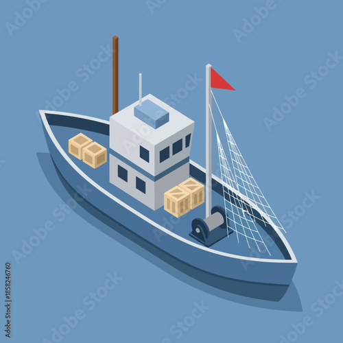 Fishing Boat with Cargo and Red Flag.