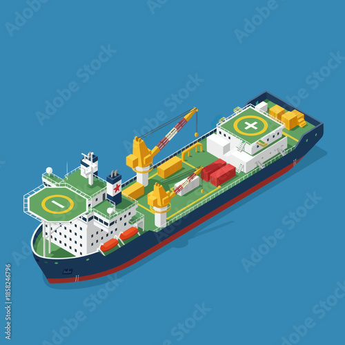 Isometric Supply Ship with Helipad and Cranes.