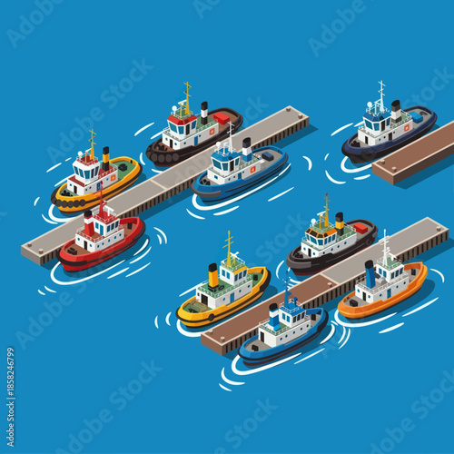 Isometric Tugs Docked at Piers Illustration.