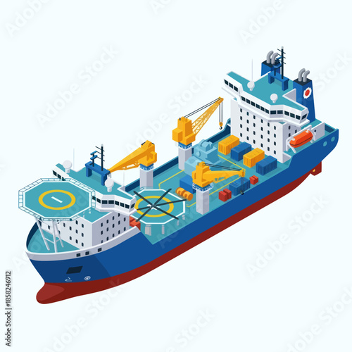 Large Blue Supply Ship with Cranes.