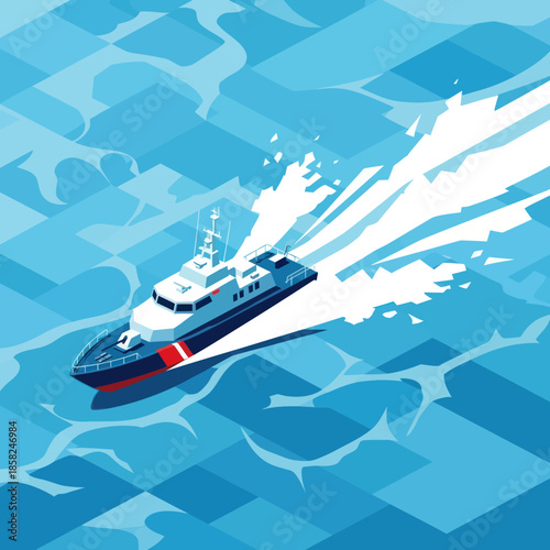 Speedboat Sailing Through Water with Wake.