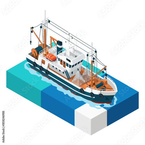 Isometric Illustration of a Fishing Vessel.