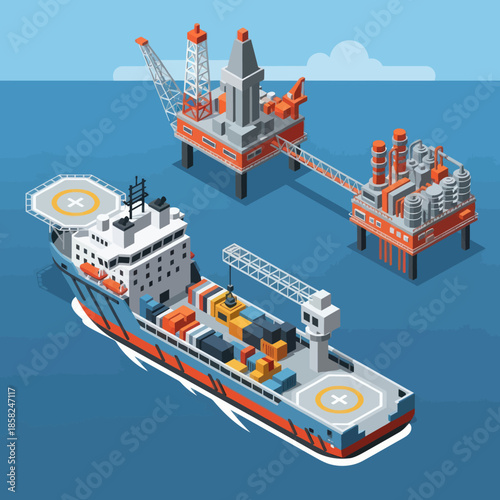 Offshore Oil Rig Platform and Supply Ship.