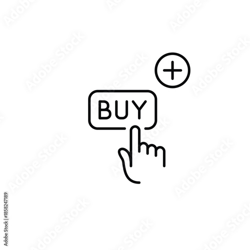 Finger clicking on buy button and plus symbol. Checkout entry, add to cart. Pixel perfect, editable stroke vector icon